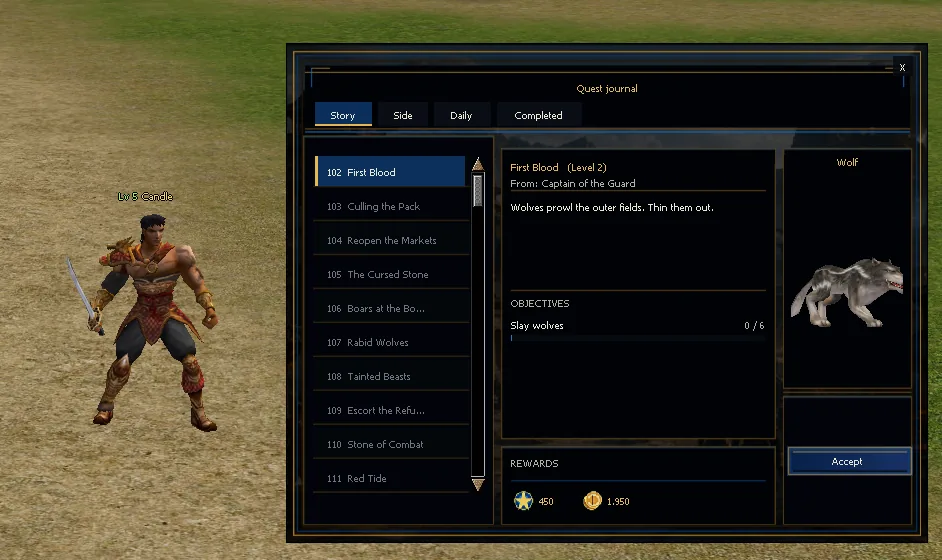 Quest journal with objectives and rewards