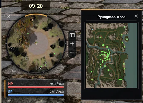 Minikarte mit der Weltuhr neben der Karte von Pyungmoo Area