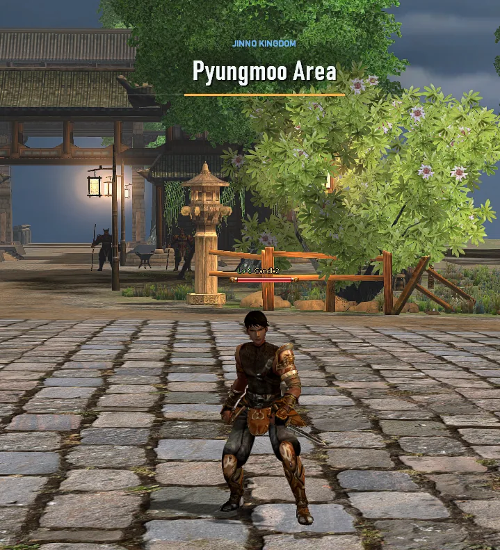 Cartel del mapa «Pyungmoo Area, reino de Jinno» sobre una Ninja en el pueblo
